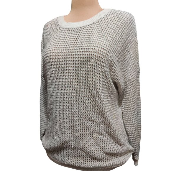 APT 9 L Womens Sweater White Silver Metallic Knit Sheer Pullover Shimmer Top - Picture 12 of 14